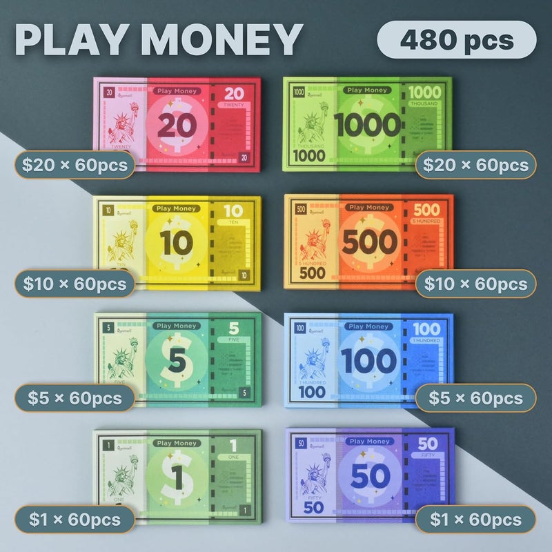 Queensell Play Money Suitable for Monopoly Board Game – 480 pcs of 60 Each Bill Denomination – Double Sides Printing Paper Money for Pretend Play Cashier - 480 pcs - Image 2